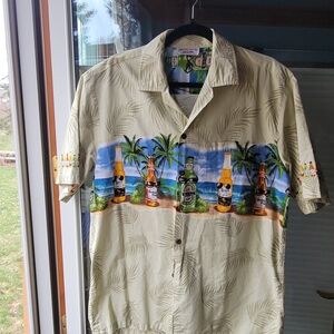 Men's Light Beige Tropical Hawaiian Beer-Print Short-Sleeve Button-Down Shirt